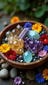 colorful crystal formations and flowers in a wooden bowl photo