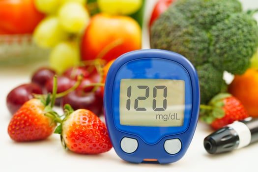 Digital glucose meter food for check sample blood sugar level to treatment diabetes with vegetable and fruit photo