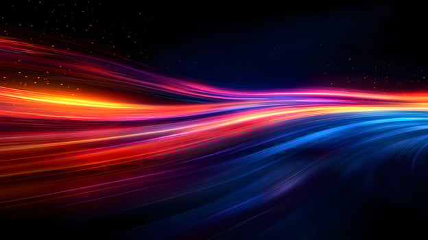 Night highway captures flowing light trails from cars in long exposure, creating glowing streaks against dark sky with urban silhouette and neon color effects. lights photo