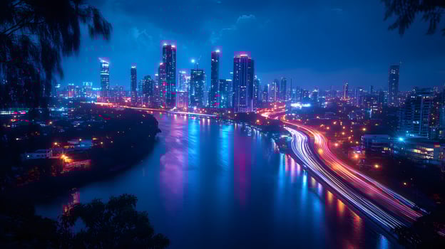 Night highway captures flowing light trails from cars in long exposure, creating glowing streaks against dark sky with urban silhouette and neon color effects. illuminated photo