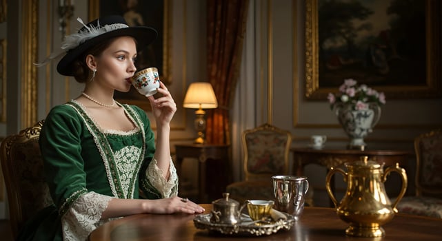 A woman dressed in an elegant 18th-century gown and elaborate hat, sipping coffee at a table, with her attire reflecting the opulence of the period and the calm, refined atmosphere of the scene photo