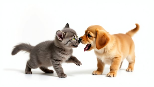 A playful kitten and a puppy interacting with each other, displaying their adorable, fun-filled moments as they chase and frolic, embodying the joy of friendship between animals photo