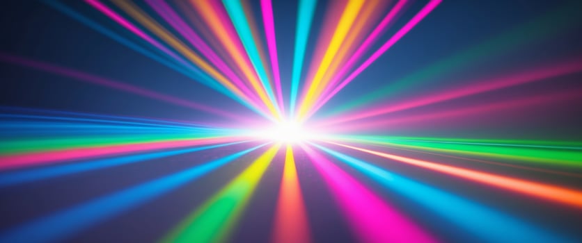 A rainbow colored light beam is shining in the dark photo