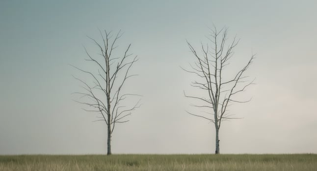 Two trees are standing next to each other in a field photo