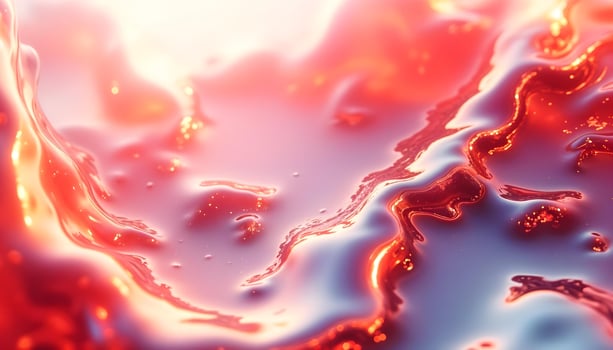A glossy liquid surface shimmering with pink and red hues. Light sparkles reflect, evoking warmth and passion. The abstract pattern resembles the magical interplay of fire and water. High quality 3d illustration photo
