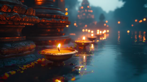 Glowing diya lamps floating on water during a serene evening temple celebration. Light and spirituality concept photo