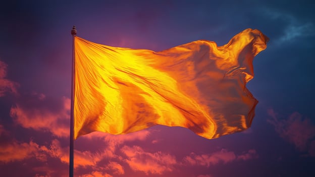 Traditional Sikh flag Nishan Sahib glowing against a vibrant sky during Vaisakhi celebrations, symbolizing faith and unity. Cultural heritage concept photo