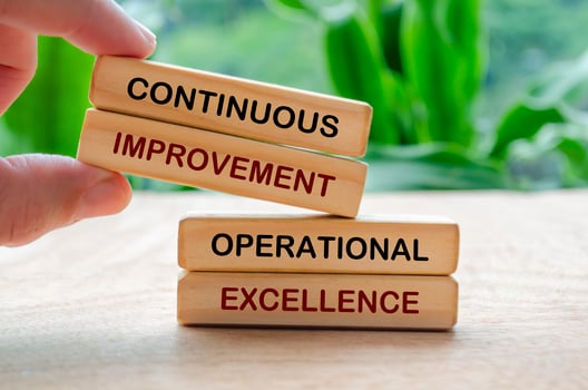 Continuous improvement and operational excellence text on wooden blocks. Business strategy and improvement concept photo