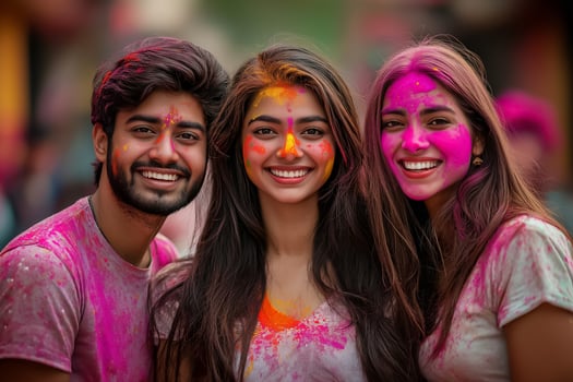 three young people with holi paint on their faces photo