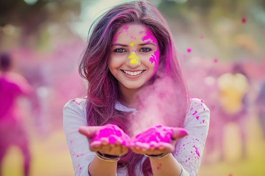 An Indian woman smiles and holds a handful of bright Holi powder in her palms photo