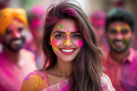 a woman with colorful paint on her face and a group of people photo