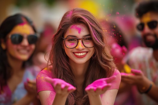 a woman with glasses and pink paint on her face is smiling while holding her hands up photo