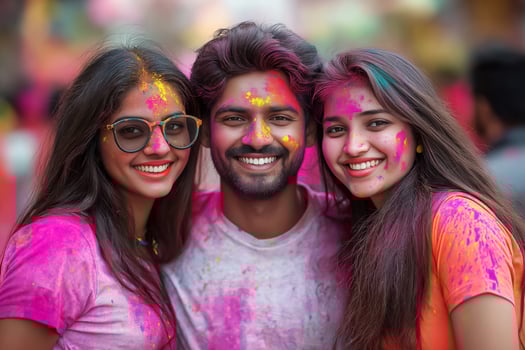 Happy people t in India in colored powder rejoice in Holi celebration photo