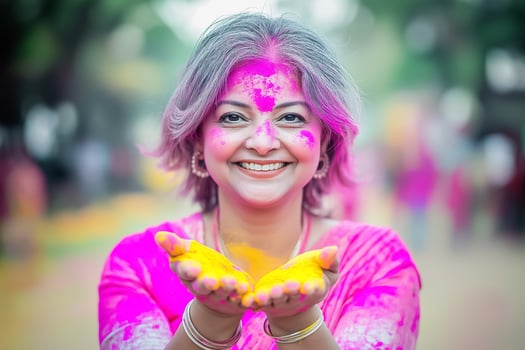 a woman with colorful holi powder on her hands photo