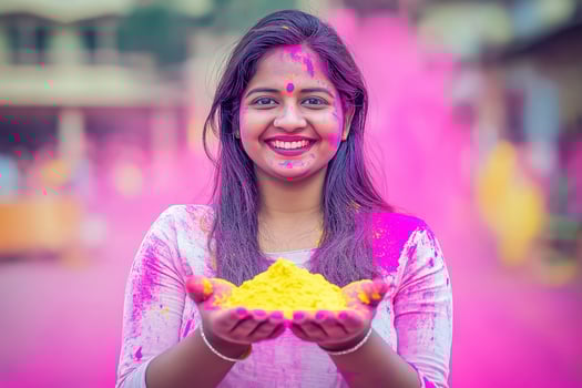 a woman holding a colorful powder in her hands in Holi photo