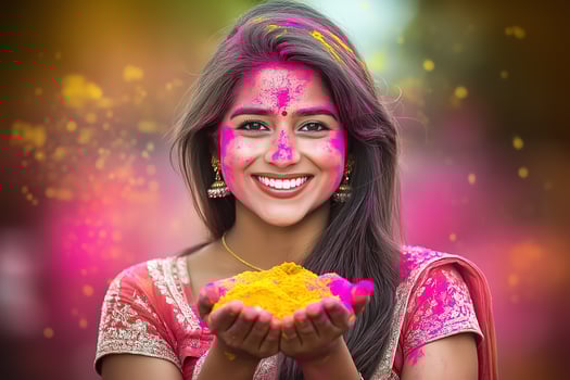 Indian woman in a white kurta smiles and holds a handful of bright Holi powder in her palms photo