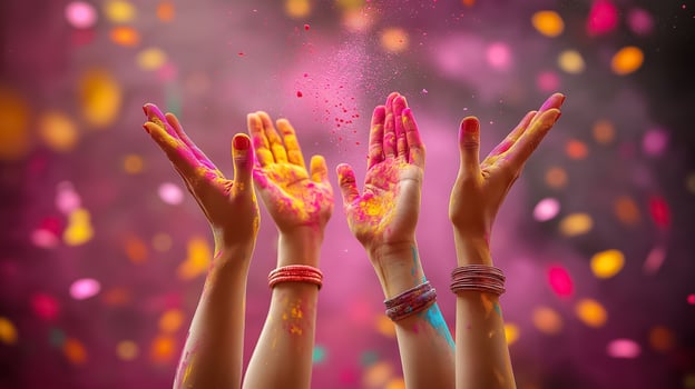 hands with colored powder on them and confetti photo