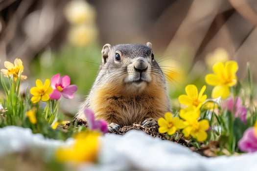 A groundhog emerging from its burrow with a curious expression, surrounded by snow and early spring flowers photo
