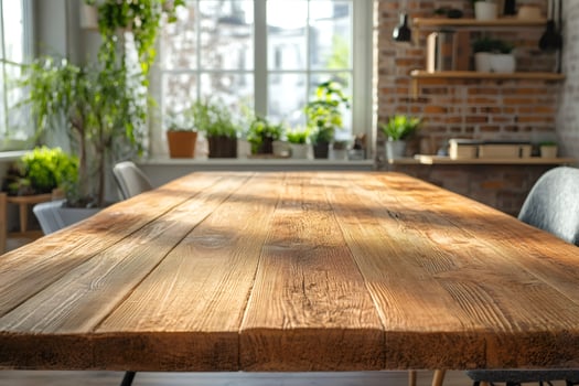 Empty wooden table illuminating by sunlight in cozy living room photo