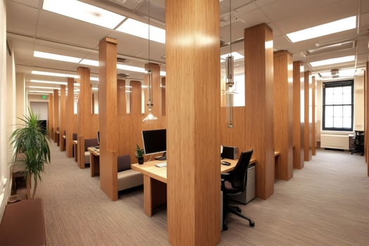 Modern office interior design featuring sustainable bamboo and warm lighting photo