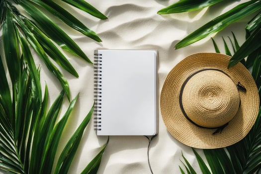 Notebook, tropical leaves and straw hat resting on white sand beach photo