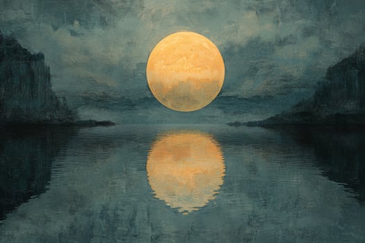 A painting of a full moon over water photo