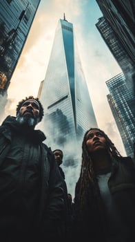 People standing in front of a tall building photo