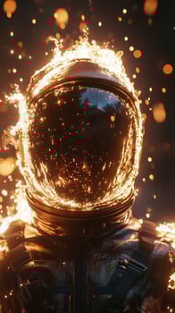 An astronaut in a suit with fire coming out of his helmet photo