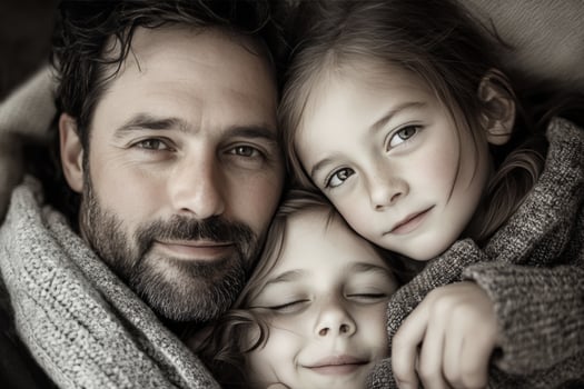 A man and two children are posing for a photo