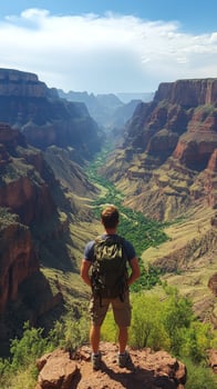 A man with a backpack stands on a cliff overlooking a canyon photo