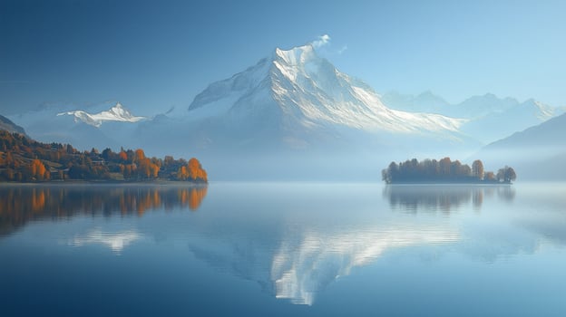 A mountain range is reflected in a lake photo