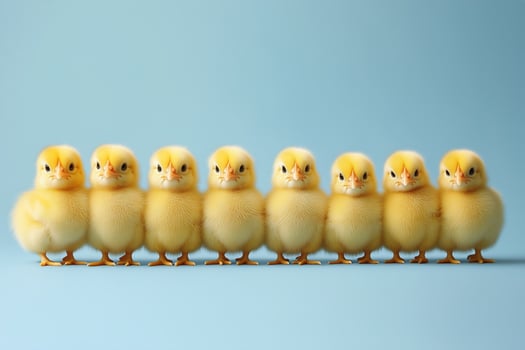 A row of small yellow chicks standing in a line photo