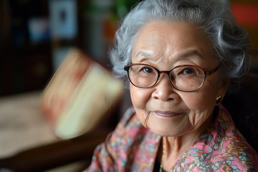 An older woman with glasses sitting in a chair photo