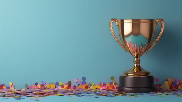 Gold trophy on blue background with confetti 3d render photo