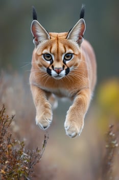 Caracal jumping and showing its paws and claws in the air photo
