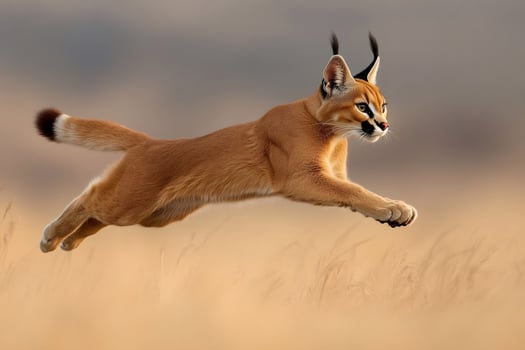Caracal jumping over dry grass at sunset in african savanna photo
