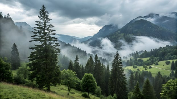 Majestic Misty Mountain Forest Landscape with Tall Pine Trees photo