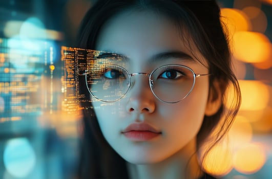 A woman wearing glasses and looking at a computer screen photo