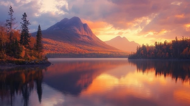 A beautiful sunset over a lake with mountains in the background photo
