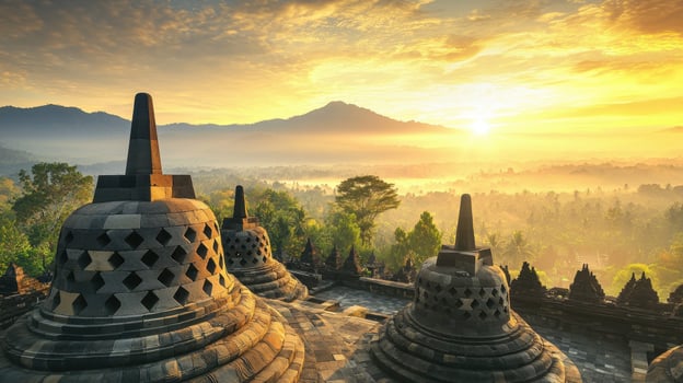 Buddha temple in borobudur temple in indonesia, sunrise, sunrise photo