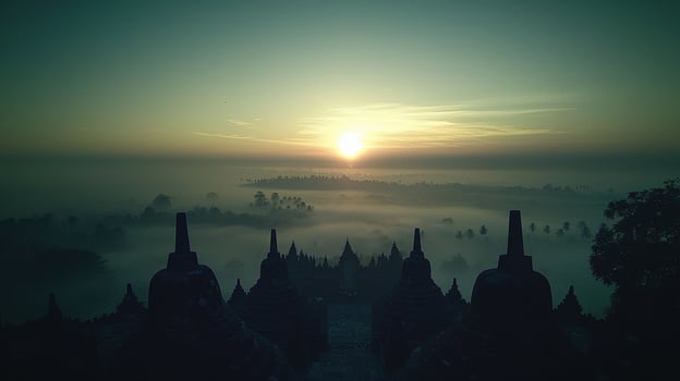 The sun rises over the foggy landscape of bagan, myanmar photo