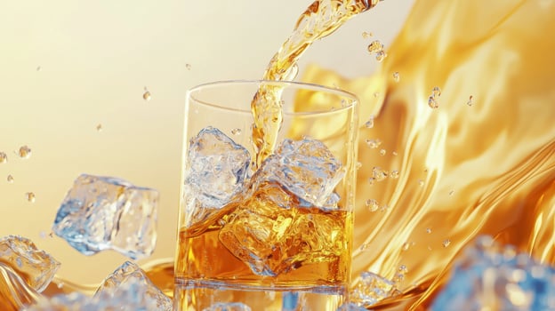 A glass of whiskey is being poured into ice cubes photo