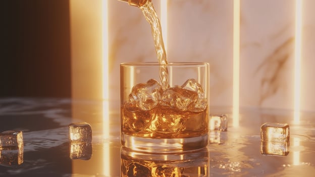 Whiskey pouring into a glass with ice cubes photo