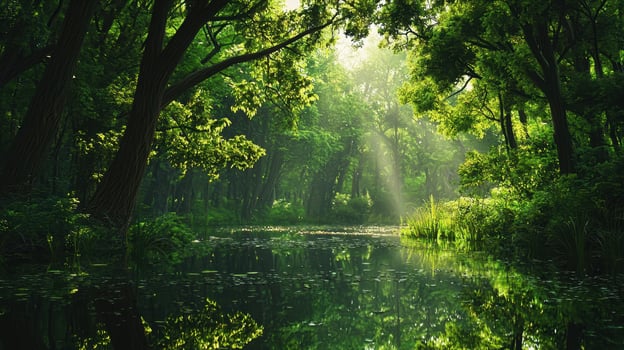 A river in the middle of a green forest photo