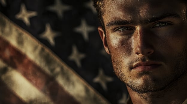 A man in uniform with an american flag in the background photo