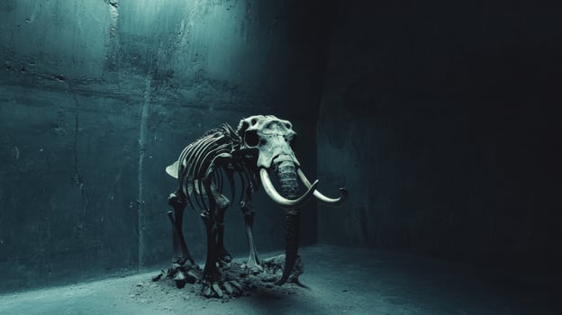 A skeleton of an elephant is standing in a dark room photo