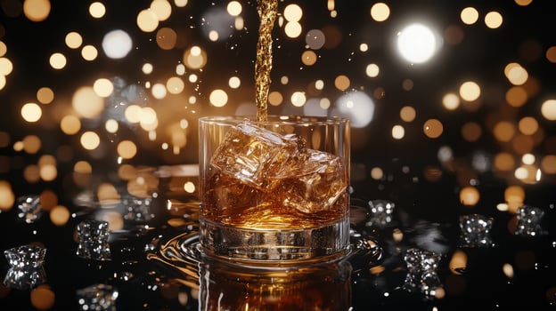 Whiskey pouring into a glass with ice cubes photo
