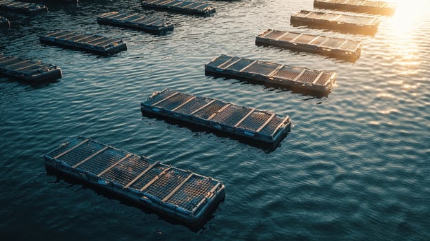 A row of floating platforms are in the water photo