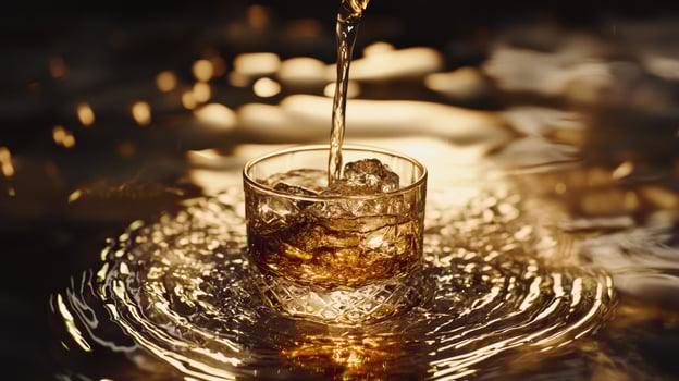 A glass of liquid is poured into a body of water, creating a ripple effect photo