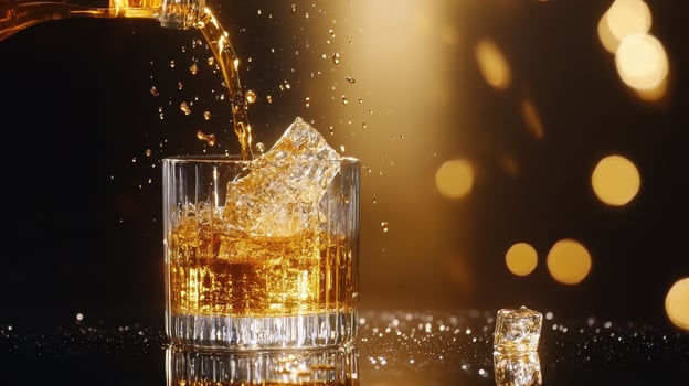 Whisky pouring into a glass with a bottle of ice photo